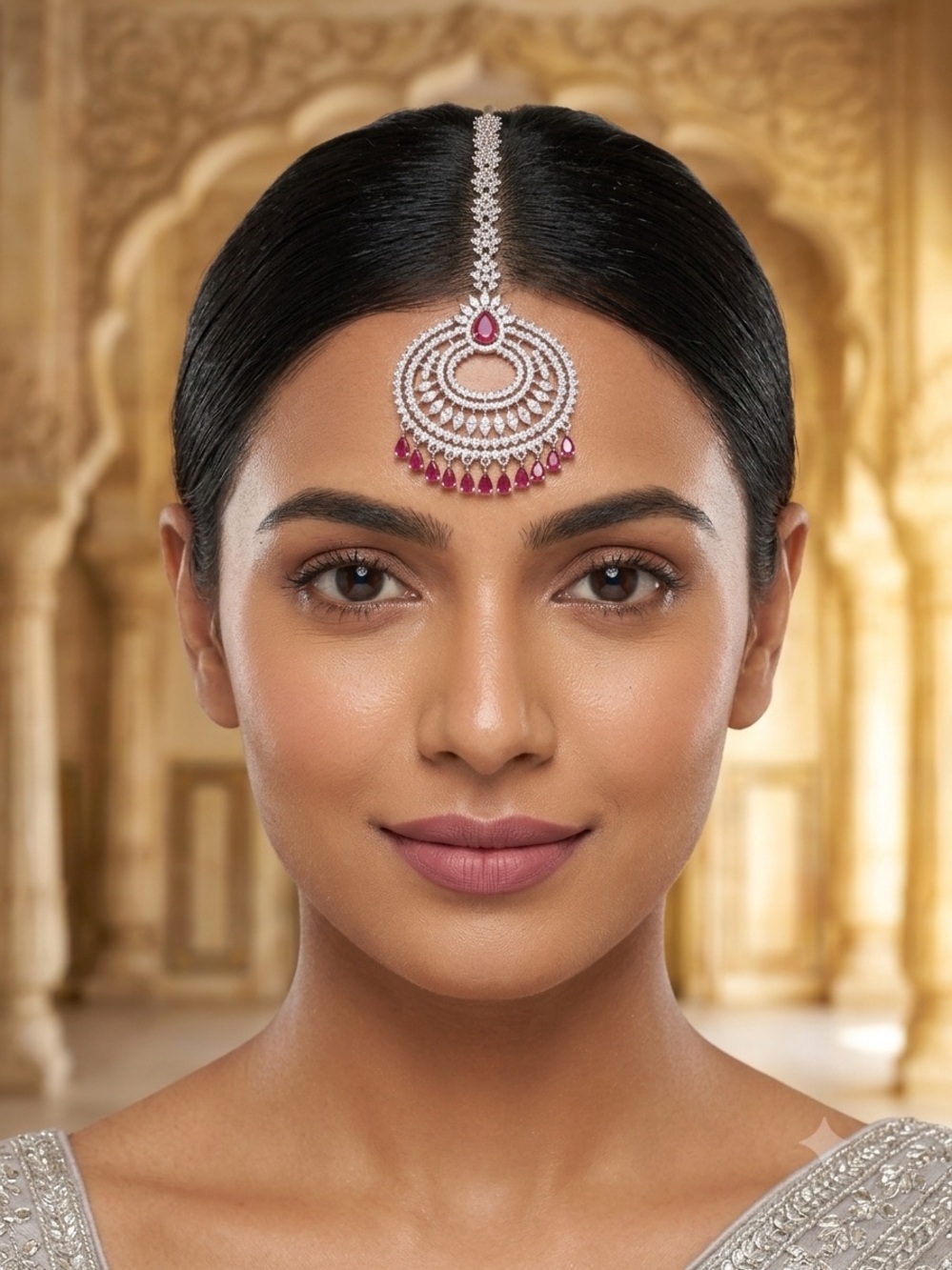 Silver and Pink Teardrop Maang Tikka